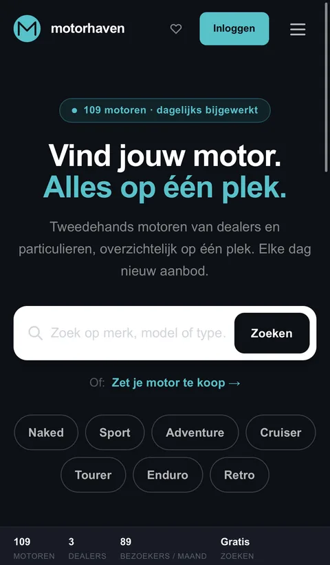 De homepage van Motorhaven op een telefoon